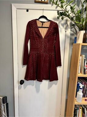 BCBGMaxAzria Deep Burgundy V-Neck Long-Sleeve Fit-and-Flare Dress